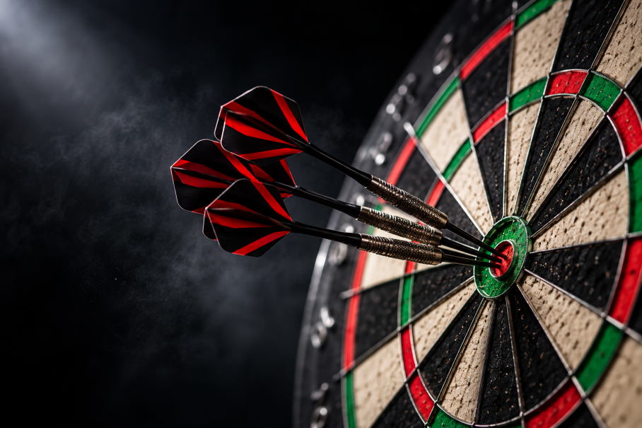 Dartboard mit drei Steeldarts im Bullseye